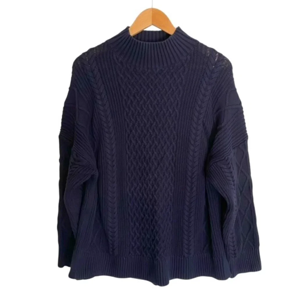 J. Crew Long Cotton Cable-Knit Mockneck Sweater in Navy XLarge